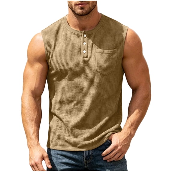 Men's Waffle Knit Henley Tank Top, Button Front with Chest Pocket, Breathable Sleeveless Shirt for Gym, Workouts and Muscle Fit Casual Wear, Big and Tall Sizes S-3XL Khaki