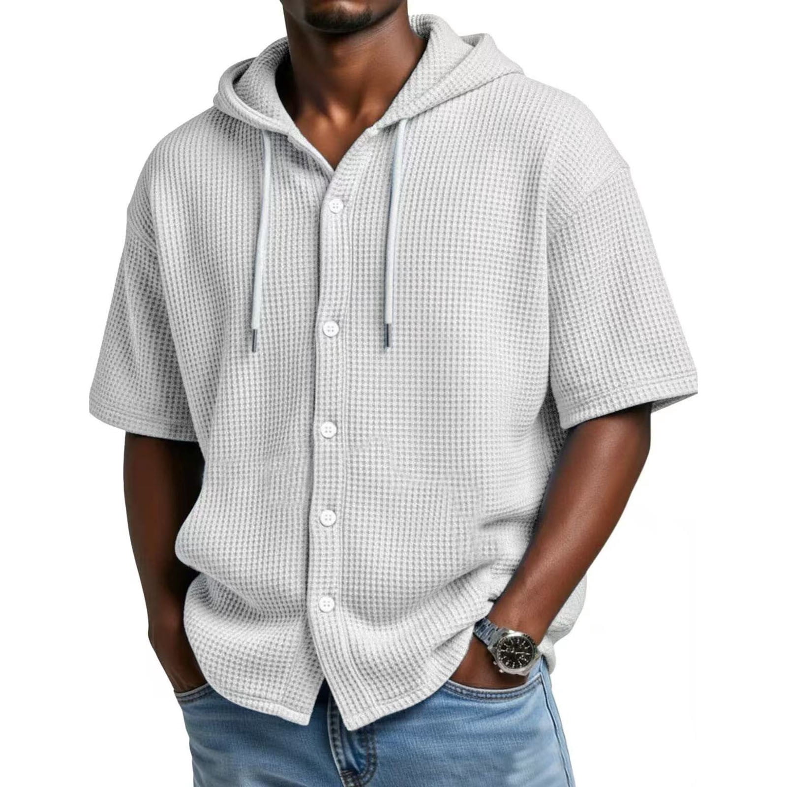 Men's Waffle Knit Hooded Shirt Short Sleeve Button Down Drawstring ...