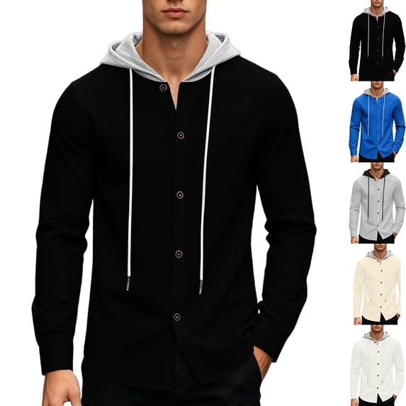 Men's Waffle Knit Hoodie Button Down Shacket Long Sleeve Colorblock Lightweight Hooded Shirt Jacket with Chest Pocket for Daily Lounge Resort Travel, Black, S