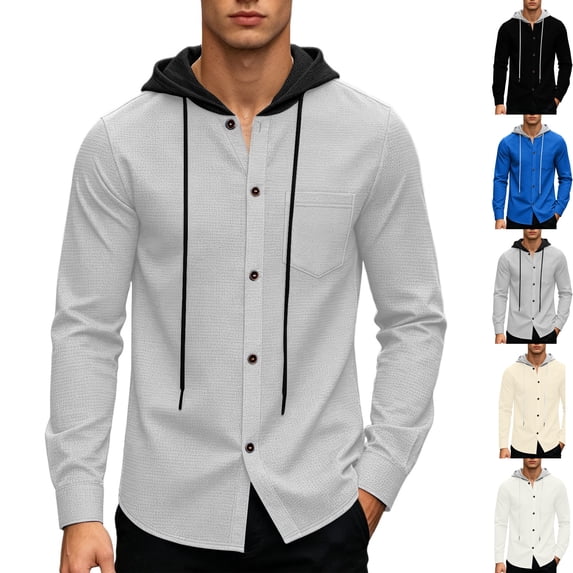 Men's Waffle Knit Hoodie Button Down Shacket Long Sleeve Colorblock Lightweight Hooded Shirt Jacket with Chest Pocket for Daily Lounge Resort Travel, Gray, L