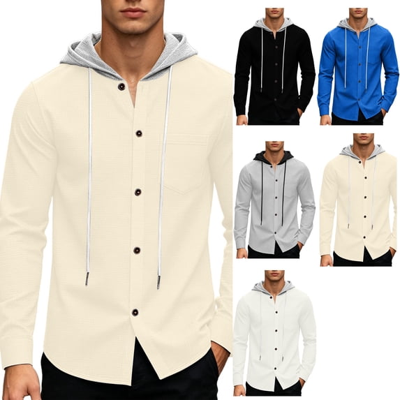 Men's Waffle Knit Hoodie Button Down Shacket Long Sleeve Colorblock Lightweight Hooded Shirt Jacket with Chest Pocket for Daily Lounge Resort Travel, Khaki, XL