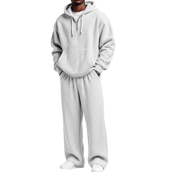 Men's Waffle Knit Hoodie and Pants Set Relaxed Fit Loungewear Two Piece Outfit Drawstring Hooded Top with Elastic Waist Trousers