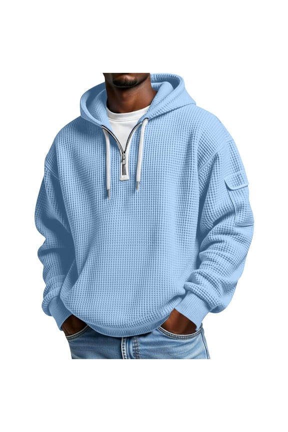 Men's Waffle Knit Hoodie with Quarter Zipper Drawstring Plain Hooded Sweatshirts 1/4 Zip Pullover Long Sleeve Tops (4XL, Blue)