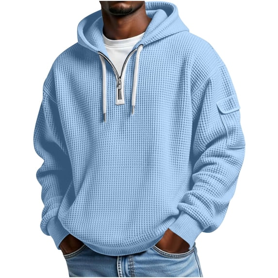 Men's Waffle Knit Hoodie with Quarter Zipper Drawstring Plain Hooded Sweatshirts 1/4 Zip Pullover Long Sleeve Tops (4XL, Blue)