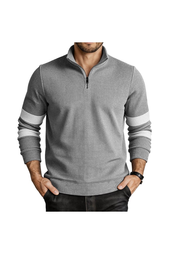 Men's Waffle Knit Long Sleeve 1/4 Zip Pullover Mock Neck Sweater Contrast Stripe for Fall Winter Daily Wear Gift for Father