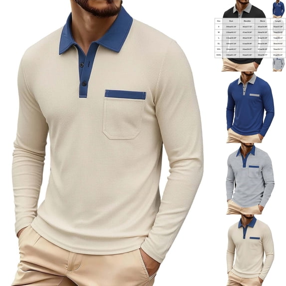 Men's Waffle Knit Long Sleeve Golf Shirt Contrast Collared T-Shirts Lightweight Breathable Stretch Performance Quick Dry Business Casual Tops with Chest Pocket