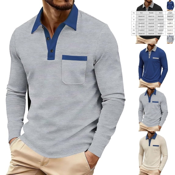 Men's Waffle Knit Long Sleeve Golf Shirt Contrast Collared T-Shirts Lightweight Breathable Stretch Performance Quick Dry Business Casual Tops with Chest Pocket