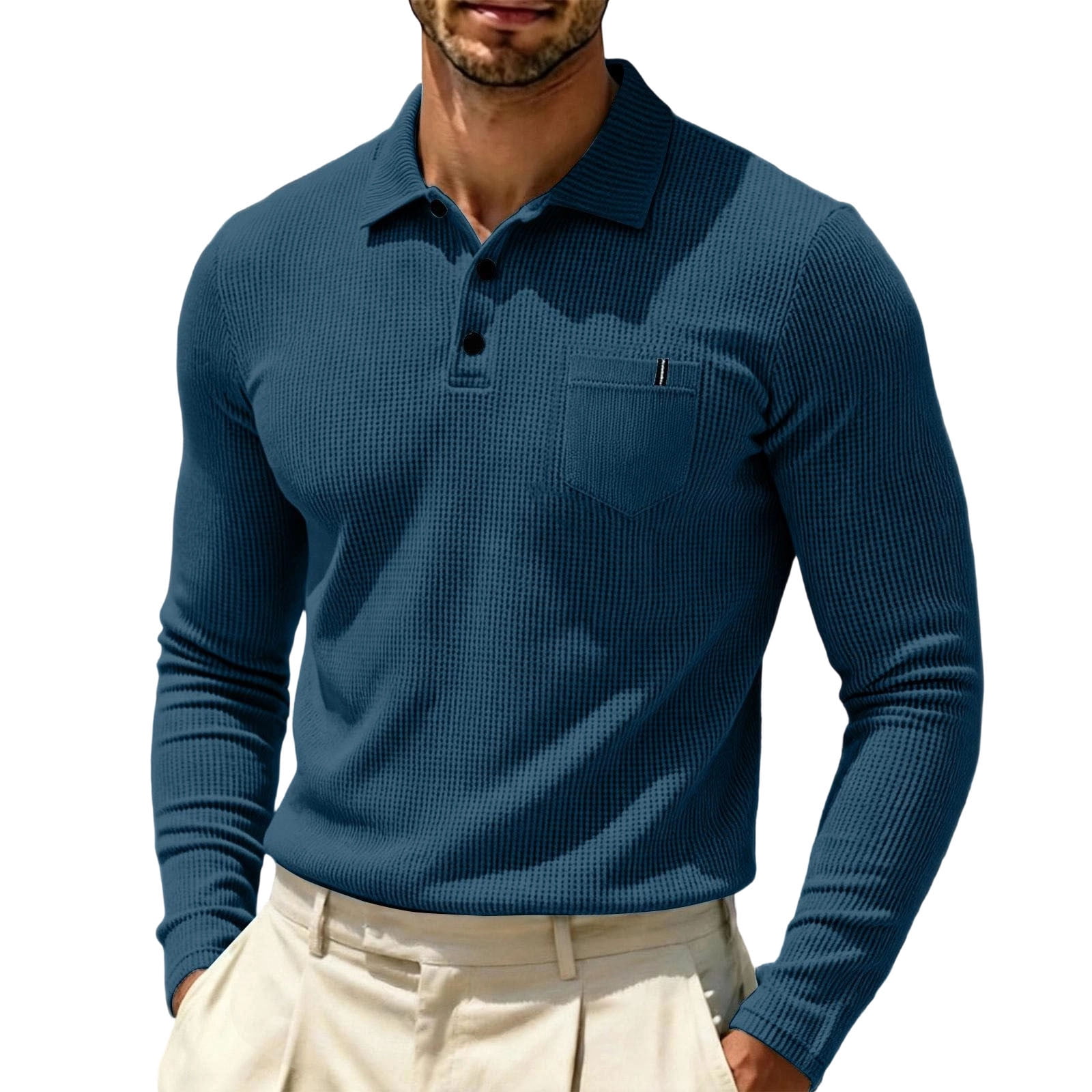 Men's Waffle Knit Long Sleeve Polo Shirt Turn Down Collar Button ...