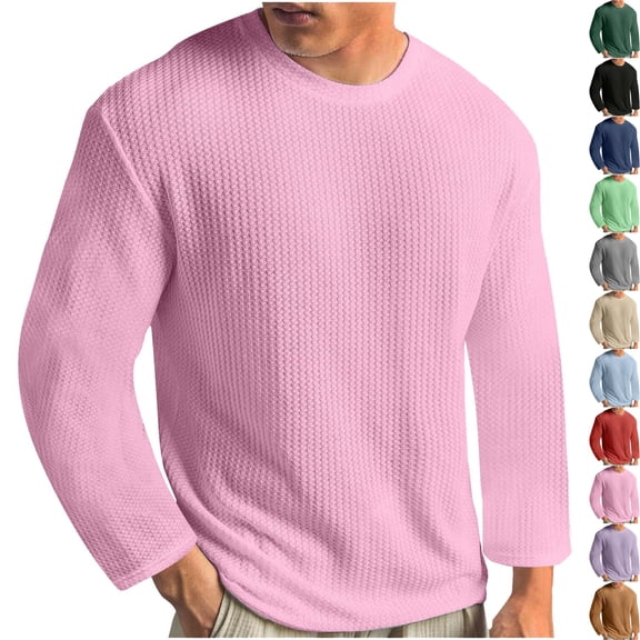 Men's Waffle Knit Long Sleeve T-Shirt Warm Crewneck Thermal Base Layer Pullover Tops for Fall Workout Travel Loungewear, Pink, XL