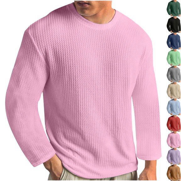 Men's Waffle Knit Long Sleeve T-Shirt Warm Crewneck Thermal Base Layer Pullover Tops for Fall Workout Travel Loungewear, Pink, XXL