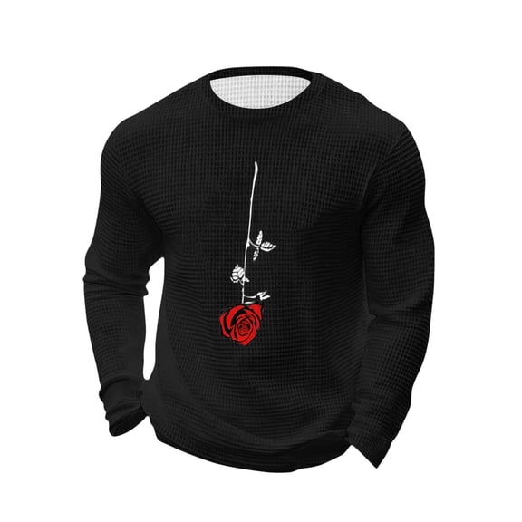 Men's Waffle Knit Long Sleeve Top Valentine's Day Red Rose Print Vintage Shirts Casual Crewneck Winter Stretchy Slim Basic Undershirt