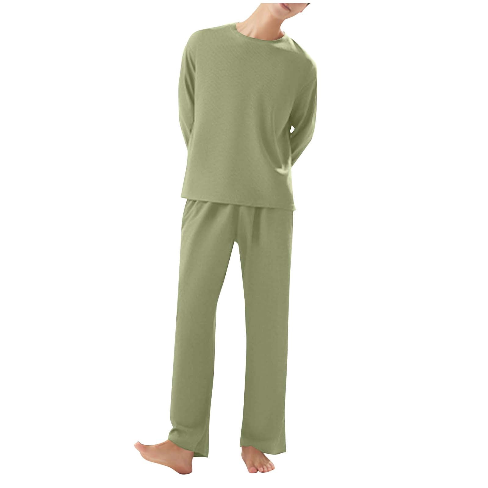 Men's Waffle Knit Pajama Set - Long Sleeve Crewneck & Pants, Lightweight Breathable Loungewear