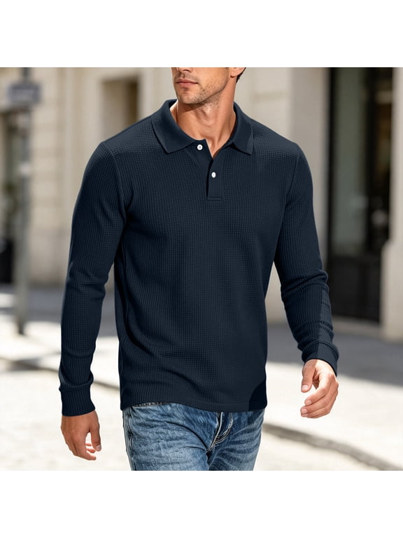 Men's Waffle Knit Polo Shirt Long Sleeve Casual Collared Top with Button Placket Chest Pocket Ribbed Cuffs Solid Color Loose Fit Lightweight Breathable Spring Fall Everyday Wear Basic Casual Navy L