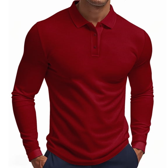 Men's Waffle Knit Polo Shirt Long Sleeve Golf Shirts Lightweight Pullover Golf Polo Shirts for Men Work Fishing Outdoor