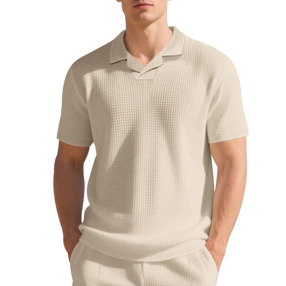 Men's Waffle Knit Polo Shirt Short Sleeve Collared Casual T-Shirt Comfortable & Breathable For Summer Daily Wear Stylish Tops,Khaki,XXL