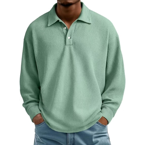Men's Waffle Knit Polo Shirts Long Sleeve Button Down Collar Tops Men's Shirt (GN1 S)