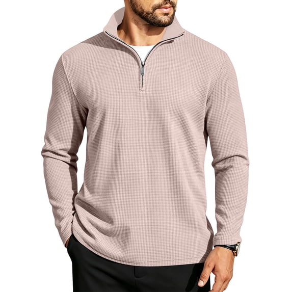 Men's Waffle Knit Polo Shirts Quarter Zip Up Long Sleeve Pullover Shirt Lightweight Casual Tee Lapel Top