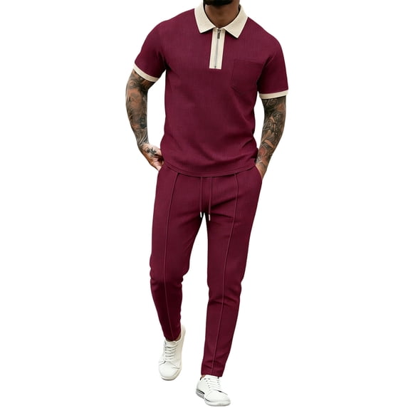 Men's Waffle Knit Polo Sweatsuit Sets Quarter Zip Fashion Casual Tracksuits Jogging Short Sleeve Polo Suit for Men 2 Piece Set with Pocket Wine