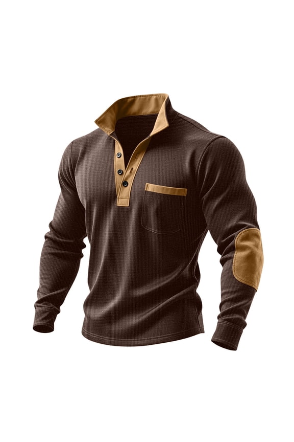 Men's Waffle Knit Quarter Button Pullover - Slim Fit Collared Henley Shirt with Elbow Patches