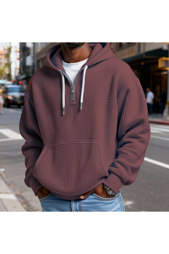 Men's Waffle Knit Quarter Zip Hooded Sweatshirt - Casual Solid Color Long Sleeve Pullover Hoodie with Zipper Light Brown L