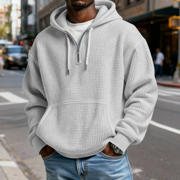 Men's Waffle Knit Quarter Zip Hooded Sweatshirt - Casual Solid Color Long Sleeve Pullover Hoodie with Zipper Light Gray 3XL