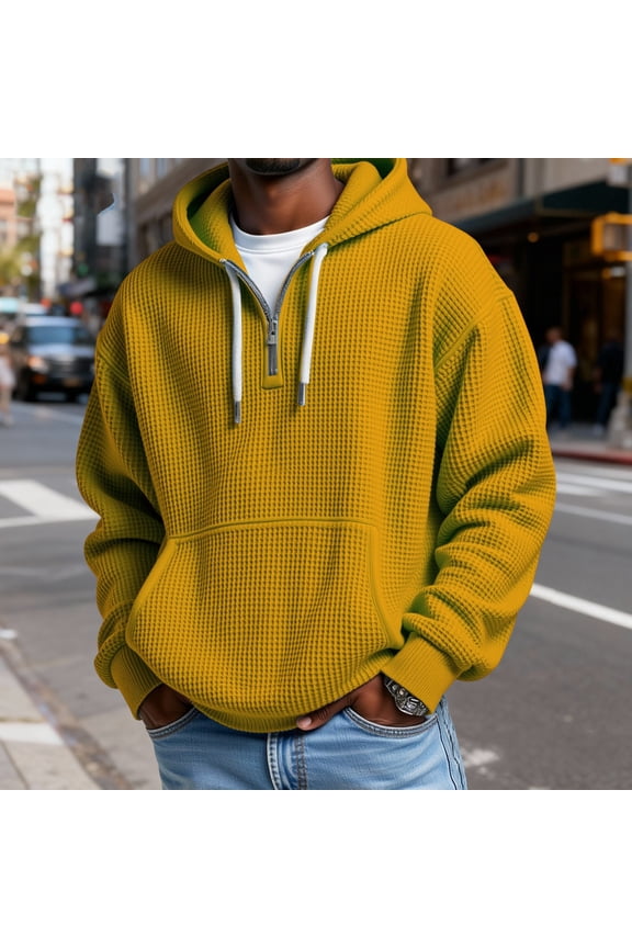 Men's Waffle Knit Quarter Zip Hooded Sweatshirt - Casual Solid Color Long Sleeve Pullover Hoodie with Zipper Orange S