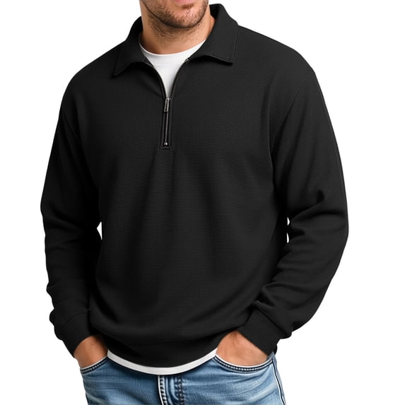 Men’s Waffle Knit Quarter Zip Polo Shirt with Long Sleeve, Collared Pullover Tops for Golf Travel Fishing Daily Wear Size 3XL Black