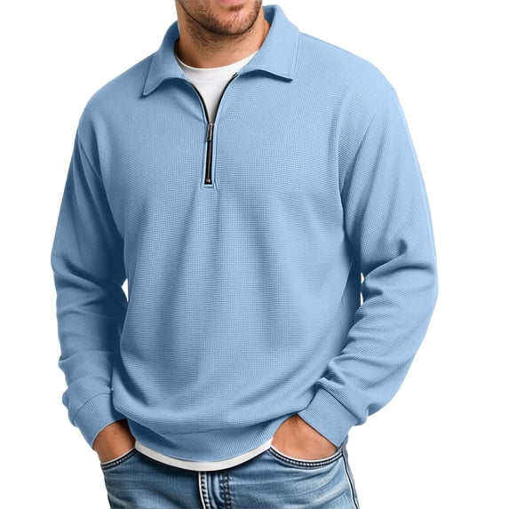 Men’s Waffle Knit Quarter Zip Polo Shirt with Long Sleeve, Collared Pullover Tops for Golf Travel Fishing Daily Wear Size 3XL Blue