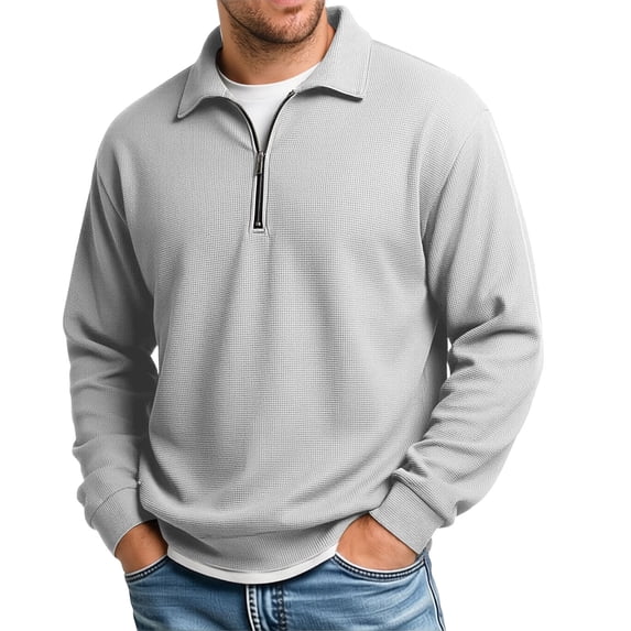 Men’s Waffle Knit Quarter Zip Polo Shirt with Long Sleeve, Collared Pullover Tops for Golf Travel Fishing Daily Wear Size 3XL Gray