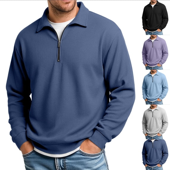 Men’s Waffle Knit Quarter Zip Polo Shirt with Long Sleeve, Collared Pullover Tops for Golf Travel Fishing Daily Wear Size 3XL Navy
