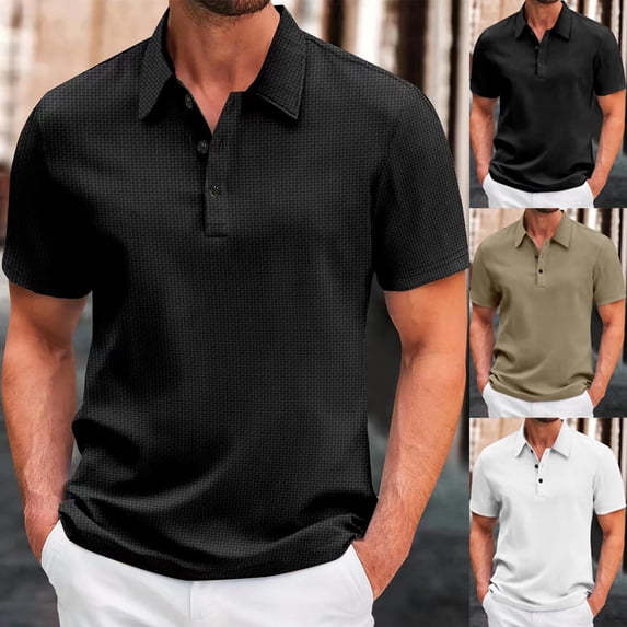 Men's Waffle Knit Short Sleeve Golf Shirts Quick Dry Moisture Wicking Athletic Tennis T Shirt 3 Button Classic Fit Business Casual Collared Tops Father's Day Gift