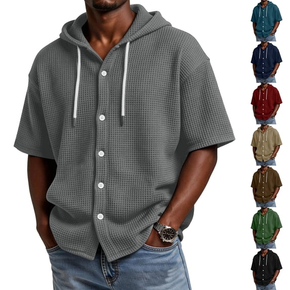 Men's Waffle Knit Short Sleeve Hoodie With Button Down Front And Drawstring Featuring Casual Loose Fit For Summer Streetwear Beach Vacation Black L