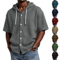 thumbnail image 1 of Men's Waffle Knit Short Sleeve Hoodie With Button Down Front And Drawstring Featuring Casual Loose Fit For Summer Streetwear Beach Vacation Brown M, 1 of 8