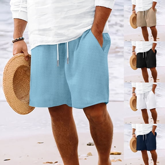 Men's Waffle Knit Shorts 8" Inseam Casual Lounge Short Pants, Summer Beach Vacation Textured Shorts with Pockets, Elastic Waist Drawstring Soft Short Home Wear