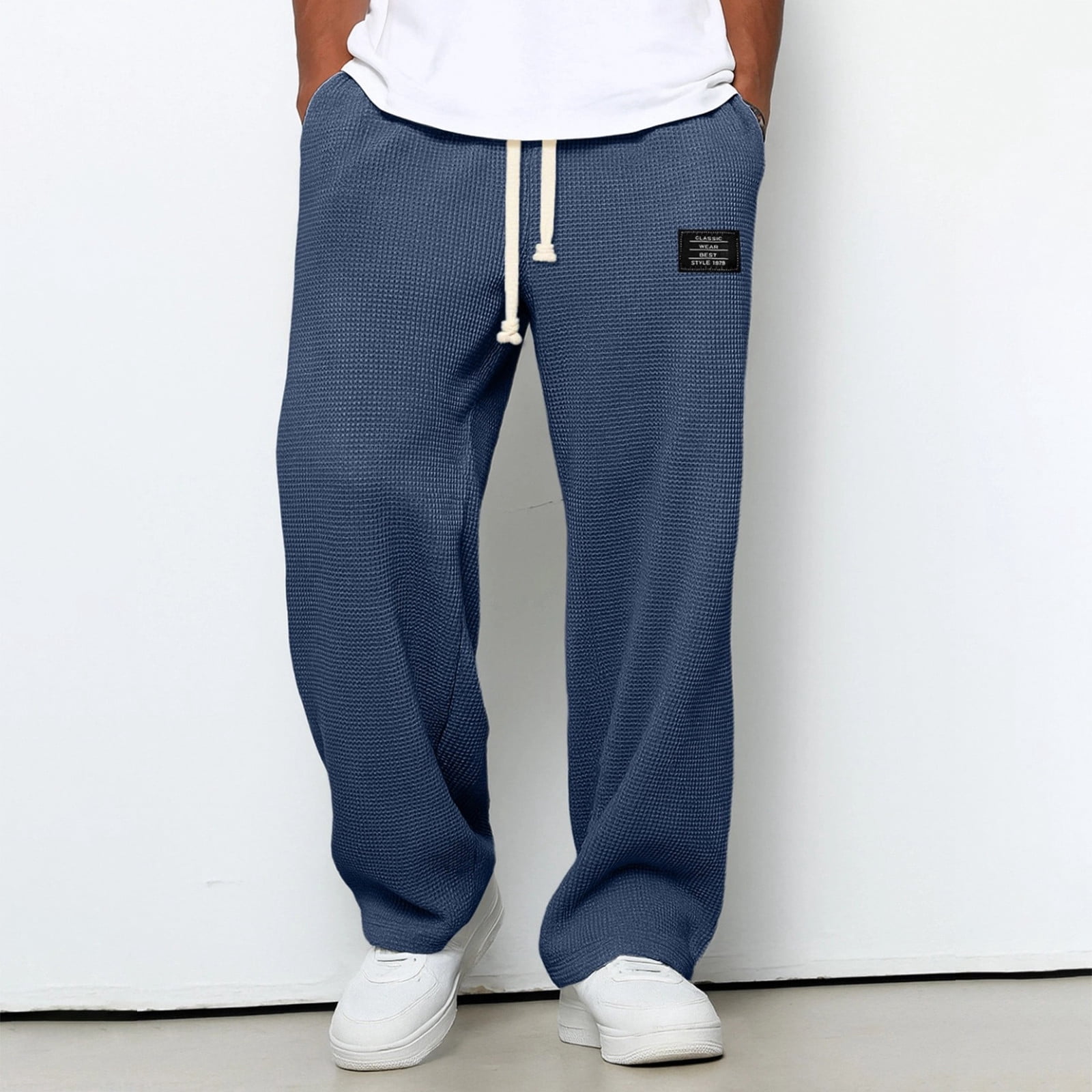 Men's Waffle Knit Straight Leg Pants, Relaxed Fit Drawstring