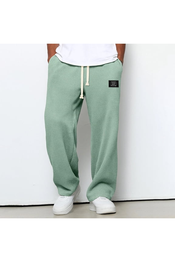 Men's Waffle Knit Straight Leg Pants, Relaxed Fit Drawstring Casual Trousers, Breathable Soft Everyday Pants, Solid Color Loungewear, 10 Colors, Sizes S-XXXXL