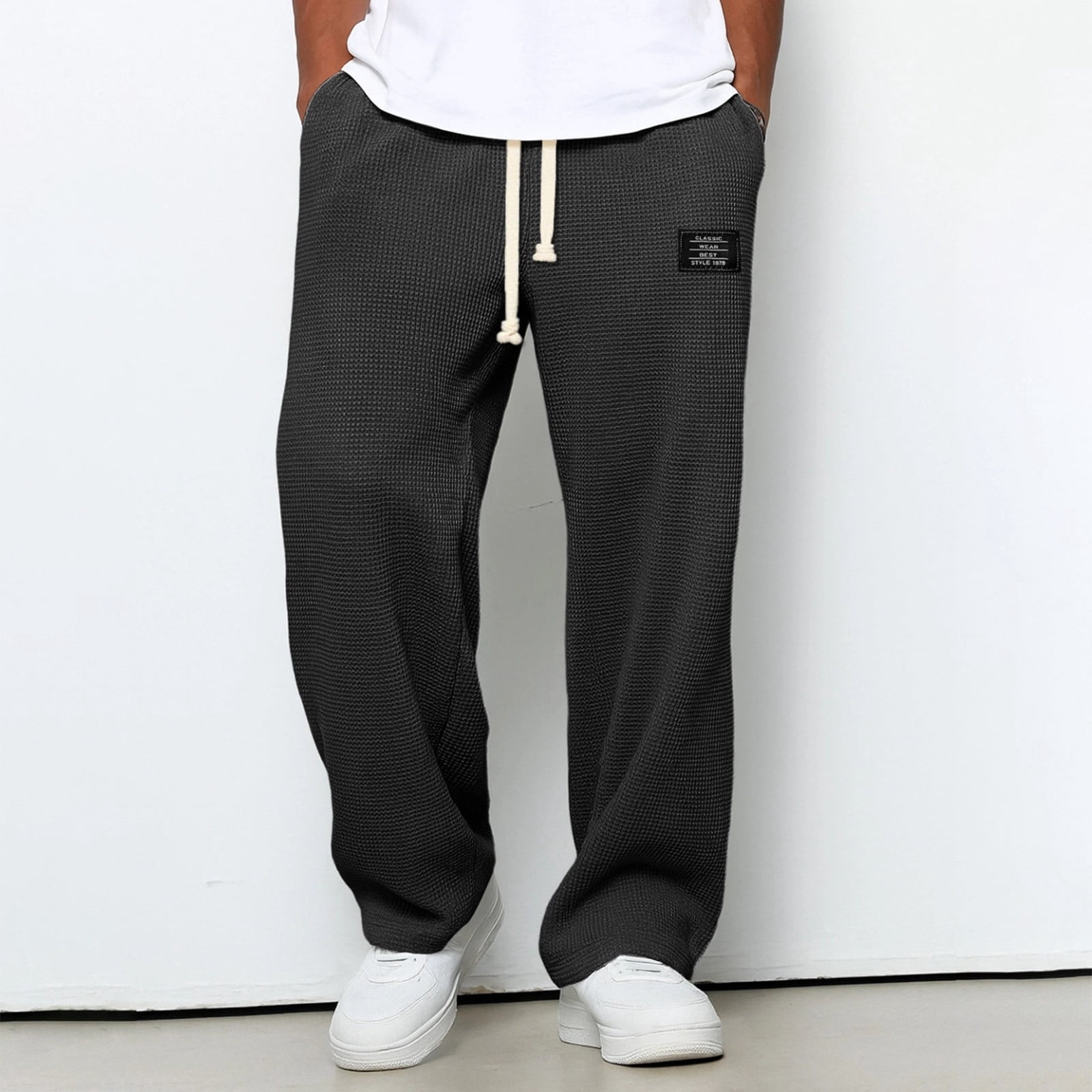 Men's Waffle Knit Straight Leg Pants, Relaxed Fit Drawstring