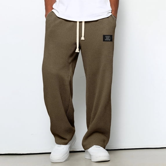 Men's Waffle Knit Straight Leg Pants, Relaxed Fit Drawstring Casual Trousers, Breathable Soft Everyday Pants, Solid Color Loungewear, 10 Colors, Sizes S-XXXXL