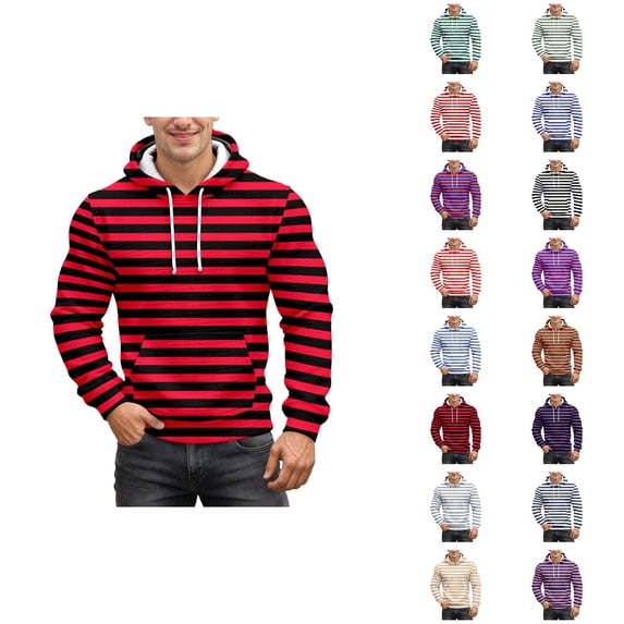 Men's Waffle Knit Striped Hoodie Sweatshirt Long Sleeve Crewneck Patterned Casual Pullover