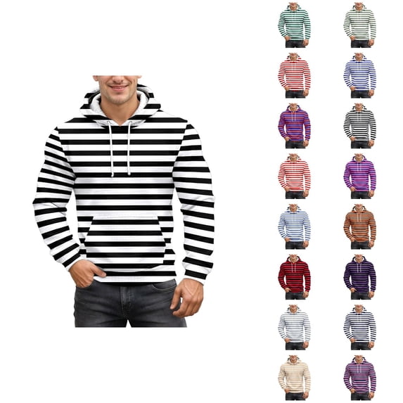 Men's Waffle Knit Striped Hoodie Sweatshirt Long Sleeve Crewneck Patterned Casual Pullover