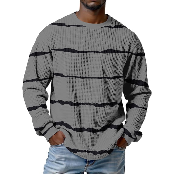 Men's Waffle Knit Striped Print Crew Neck Long Sleeve Shirt, Casual Stylish Textured Top for Daily Streetwear and Leisure Activities, Gray XXXL