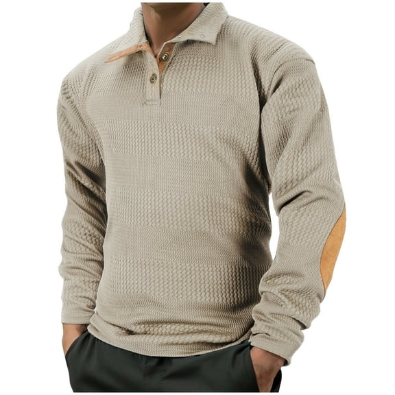 Men's Waffle Knit Sweater Tops Long Sleeve Buttons Lapel Neck Casual Thermal Winter Clothes Warm Jumpers (L, Khaki)