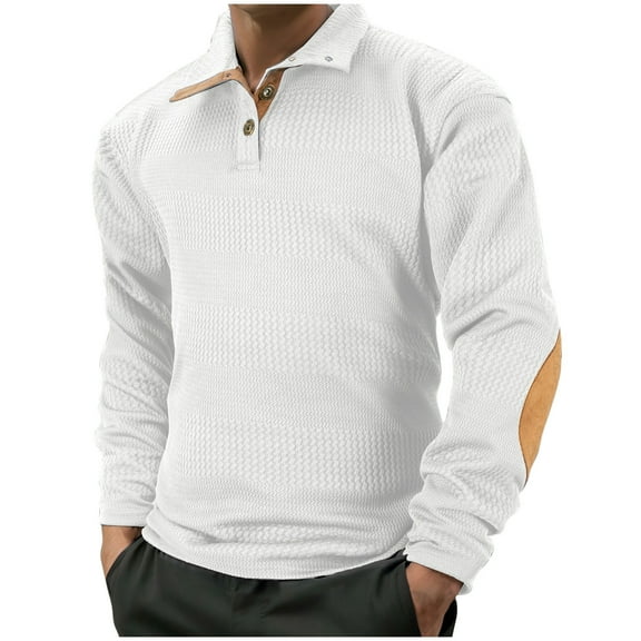 Men's Waffle Knit Sweater Tops Long Sleeve Buttons Lapel Neck Casual Thermal Winter Clothes Warm Jumpers (L, White)