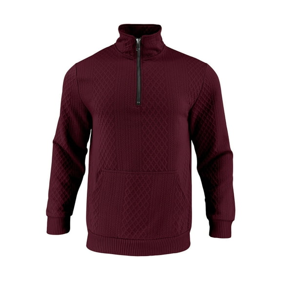 Men's Waffle Knit Sweatshirts Casual Quarter Zip Pullover Tops Long Sleeve Mock Neck Sweatshirt with Kangaroo Pocket (M, Wine)