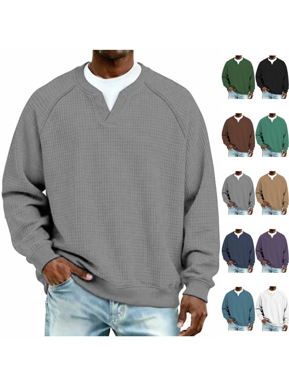 Men's Waffle Knit T-Shirt Long Sleeve Raglan V-Neck Textured Sweatshirt Warm Thermal Pullover Tops for Casual Daily Wear, Gray, XXL