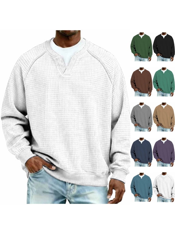 Men's Waffle Knit T-Shirt Long Sleeve Raglan V-Neck Textured Sweatshirt Warm Thermal Pullover Tops for Casual Daily Wear, White, XXL