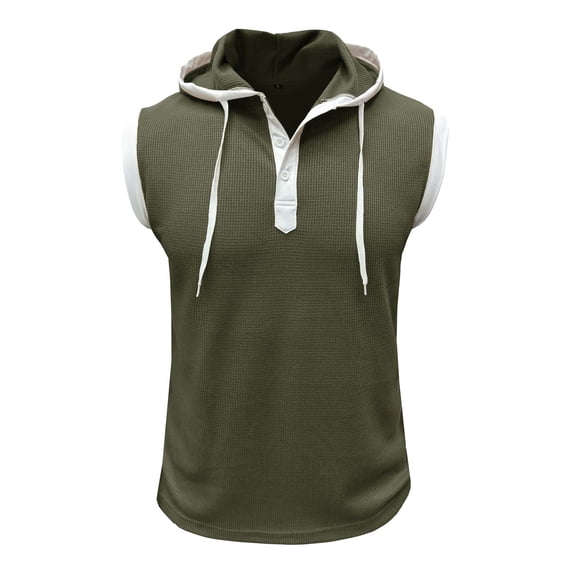 Men's Waffle Knit Tank Top Soft Summer Gym Hooded Vest Workout Top Sleeveless Hoodie Button Fitted Slim Fit Tshirt Running Army Green Large