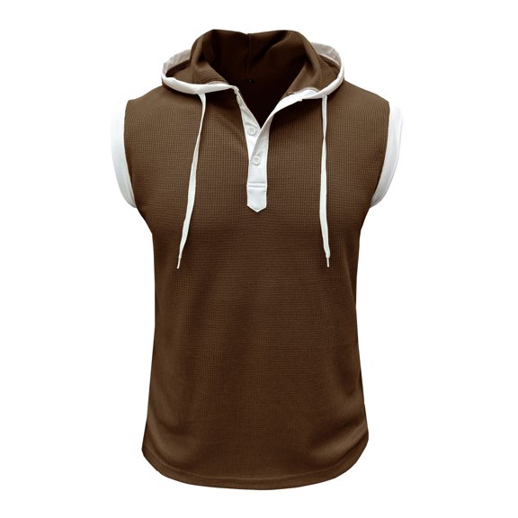 Men's Waffle Knit Tank Top Soft Summer Gym Hooded Vest Workout Top Sleeveless Hoodie Button Fitted Slim Fit Tshirt Running Dark Coffee Large