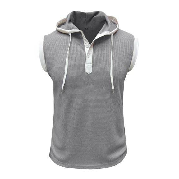 Men's Waffle Knit Tank Top Soft Summer Gym Hooded Vest Workout Top Sleeveless Hoodie Button Fitted Slim Fit Tshirt Running Light Grey Large