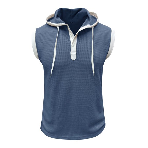Men's Waffle Knit Tank Top Soft Summer Gym Hooded Vest Workout Top Sleeveless Hoodie Button Fitted Slim Fit Tshirt Running Navy X-Large